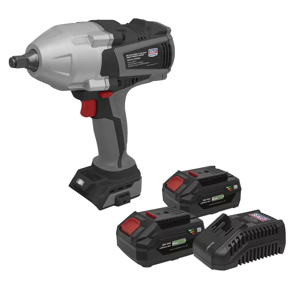 Sealey CP20VXIWKIT1 Premier 20V Brushless Cordless Impact Wrench Kit With 2 x 4Ah Batteries, Charger & Bag
