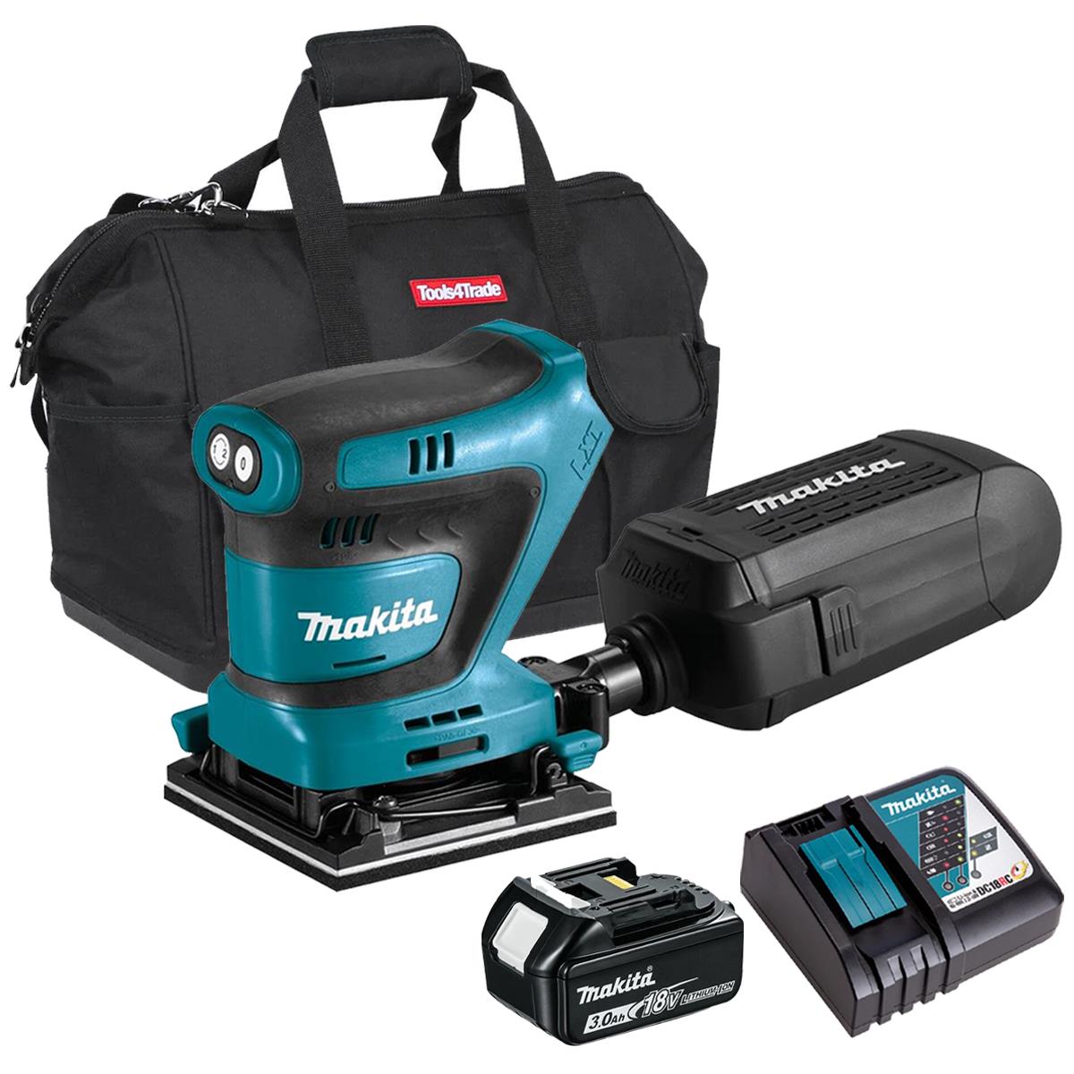 Makita DBO480Z 18V Finishing Sander with 1 x 3.0Ah Battery Charger & Bag