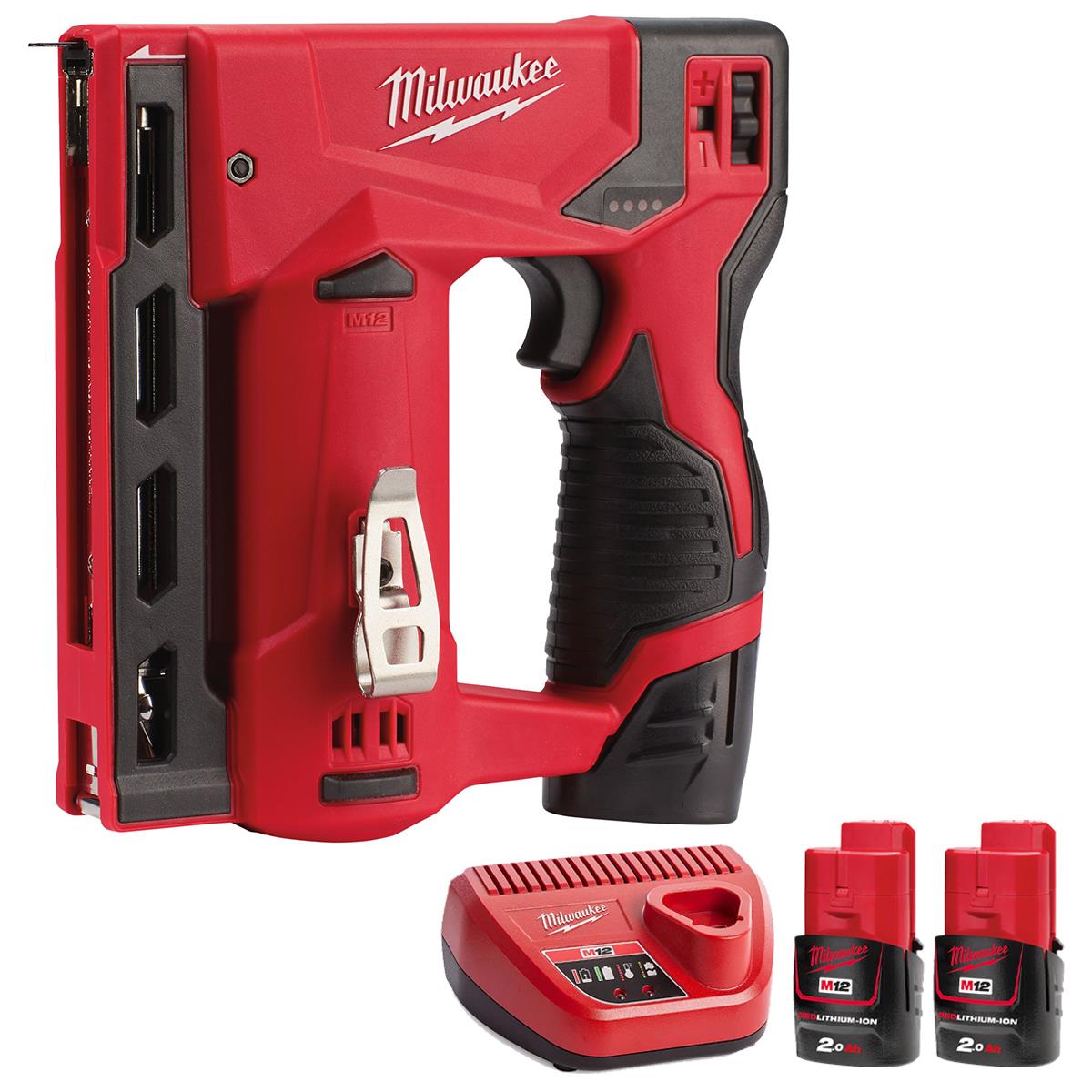 Milwaukee M12BST-0 12V Sub Compact Second Fix Stapler with 2 x 2.0Ah Batteries & Charger
