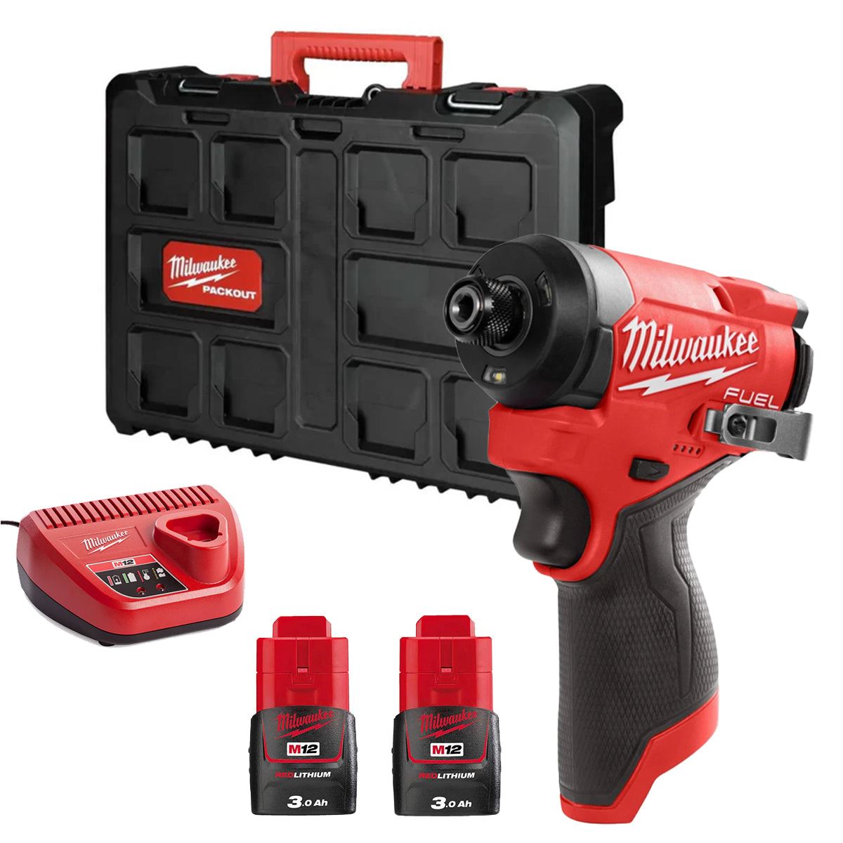 Milwaukee M12FID2-0 12V Brushless Sub Compact Impact Driver with 2 x 3.0Ah Battery Charger & Empty Tool Box (Without Inlay)