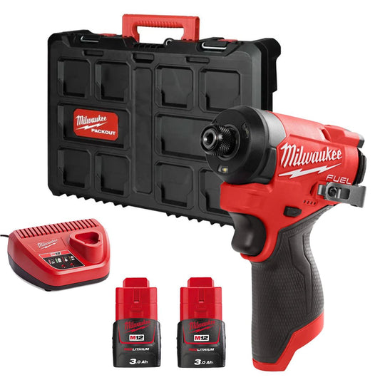Milwaukee M12FID2-0 12V Brushless Sub Compact Impact Driver with 2 x 3.0Ah Battery Charger & Empty Tool Box (Without Inlay)