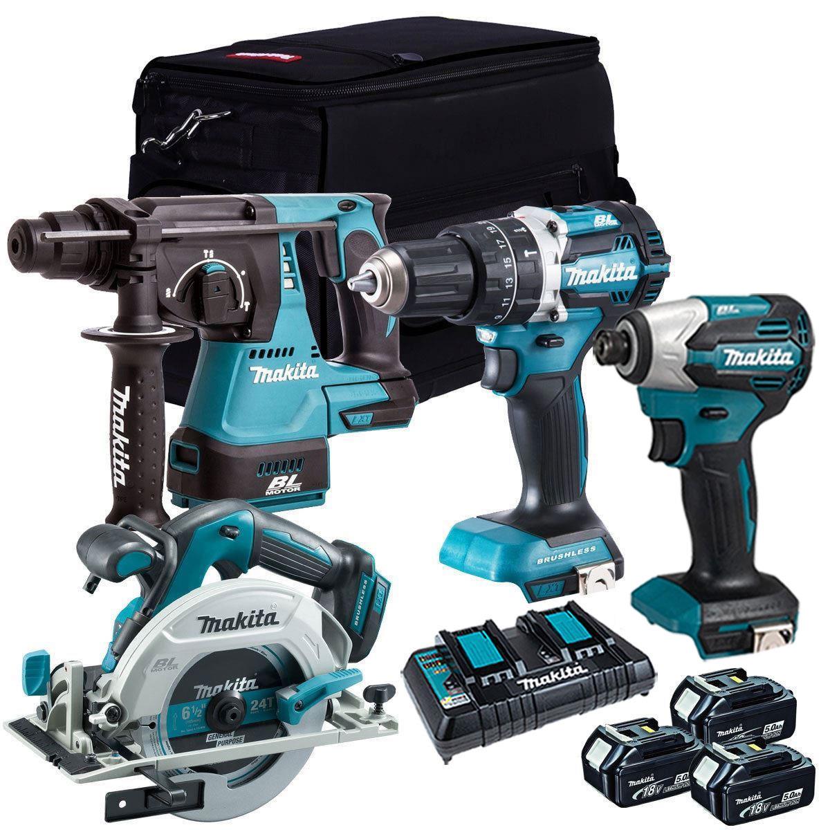 Makita 18V Brushless 4 Piece Tool Kit with 3 x 5.0Ah Batteries Charger & Bag