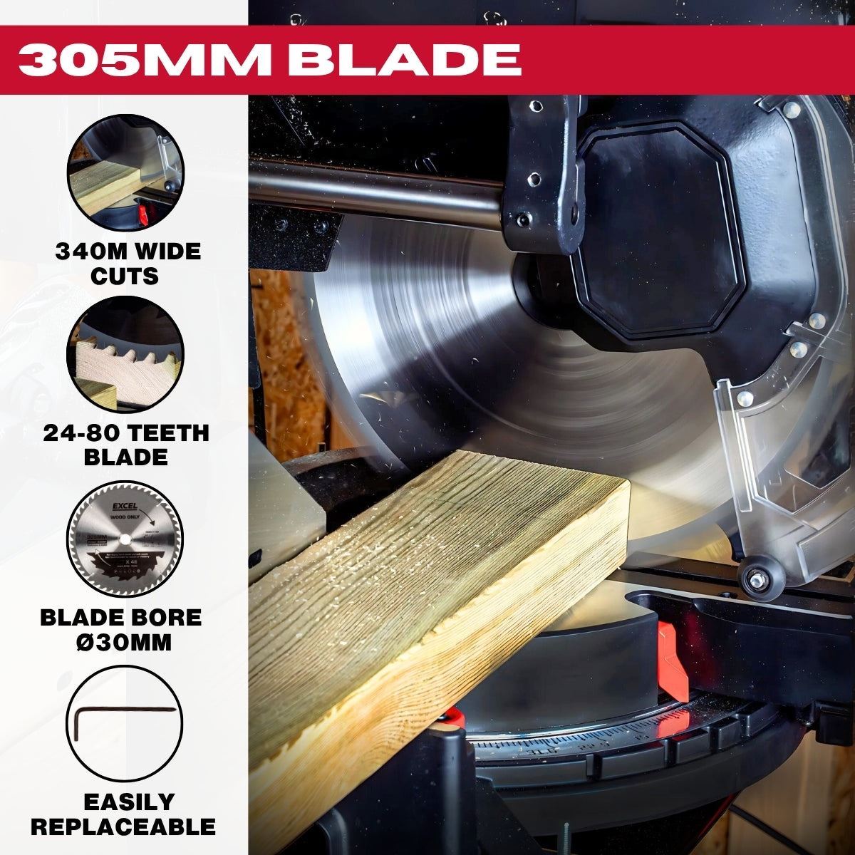 Excel 305mm Sliding Mitre Saw with LED Light & 48T Blade 240V/2000W Item Condition Used - Collection Only