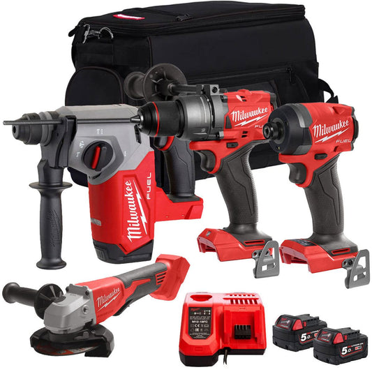 Milwaukee M18FPP4Z-503B 18V Brushless 4 Piece Power Tool Kit With 2 x 5.0Ah Batteries Charger & Bag