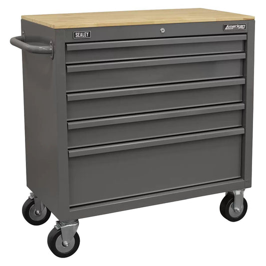Sealey APMWS1G American PRO Mobile Workstation with Wooden Worktop 5 Drawer Grey