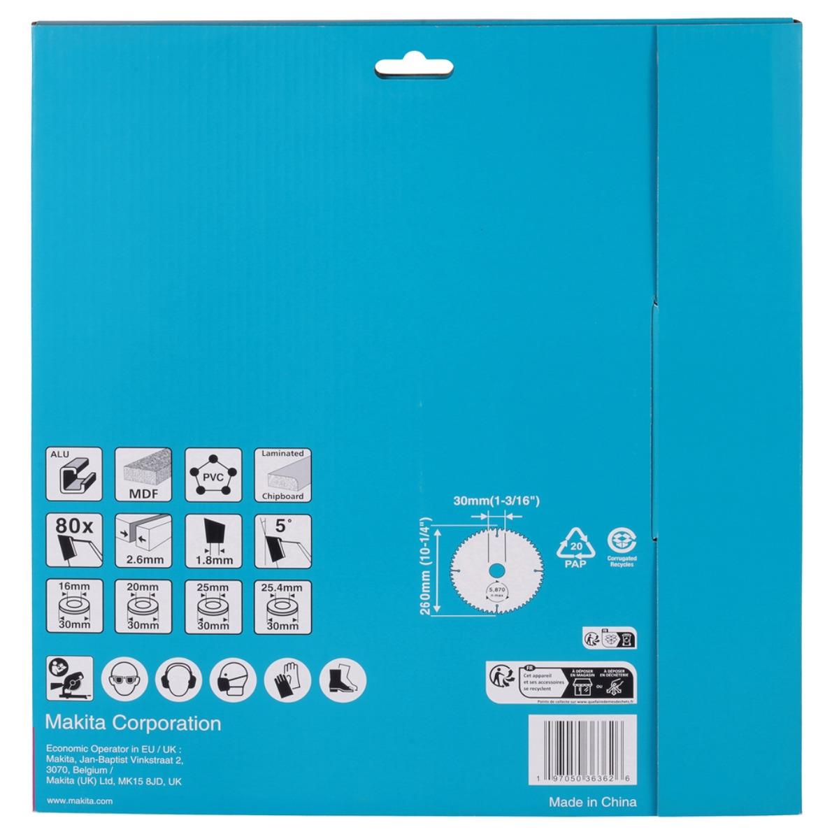 Makita D-81751 Multi-Purpose TCT Circular Saw Blade 260mm x 30mm x 80T