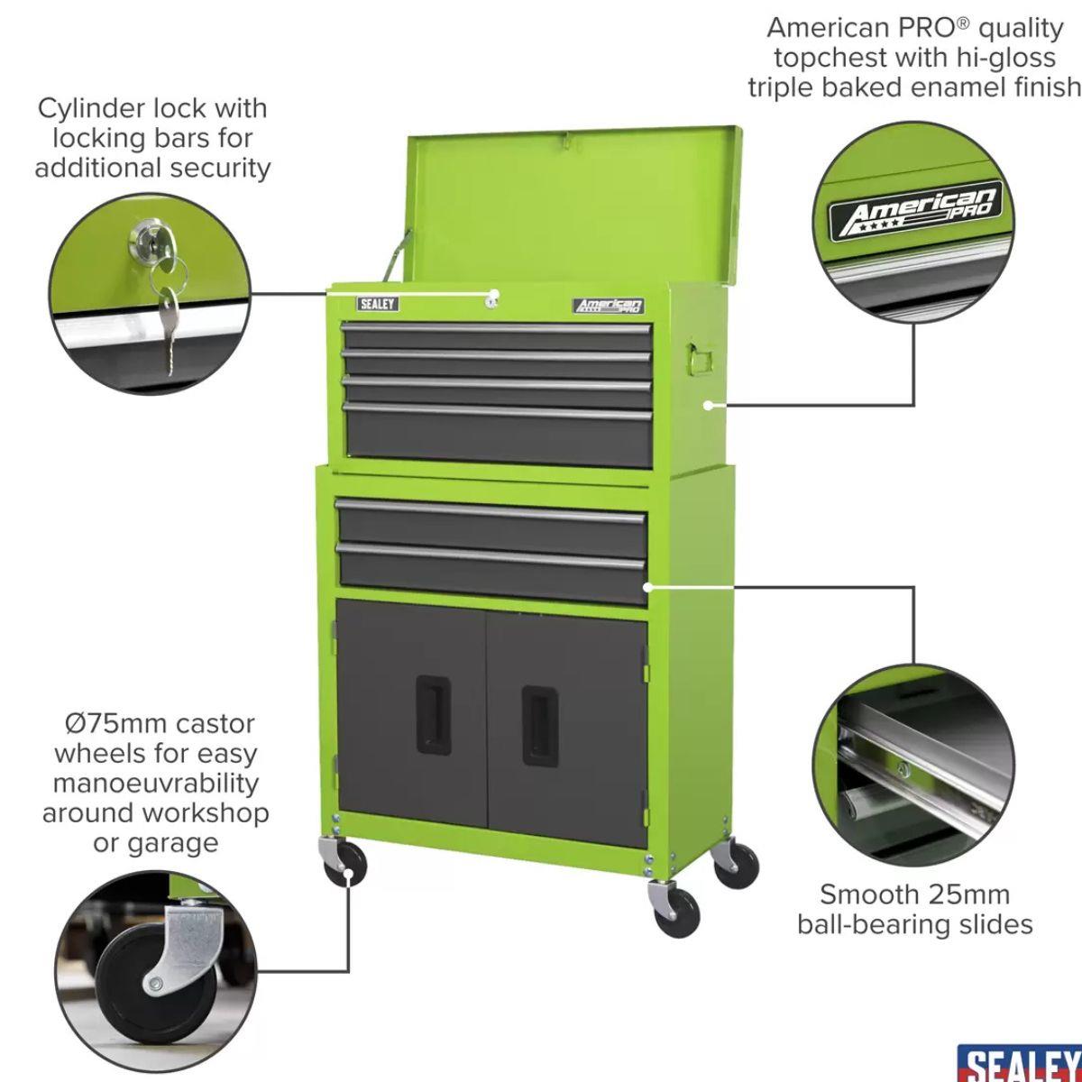 Sealey AP2200BBHV 6 Drawer Topchest & Rollcab Combination with Ball-Bearing Slides Green/Grey