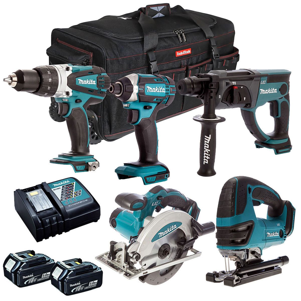 Makita 18V 5 Piece Cordless Power Tool Kit with 2 x 5.0Ah Battery Charger & Bag T4TKIT-12874