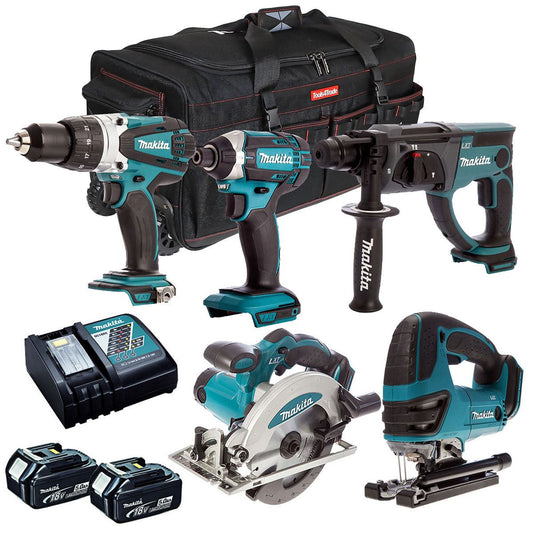 Makita 18V 5 Piece Cordless Power Tool Kit with 2 x 5.0Ah Battery Charger & Bag T4TKIT-12874