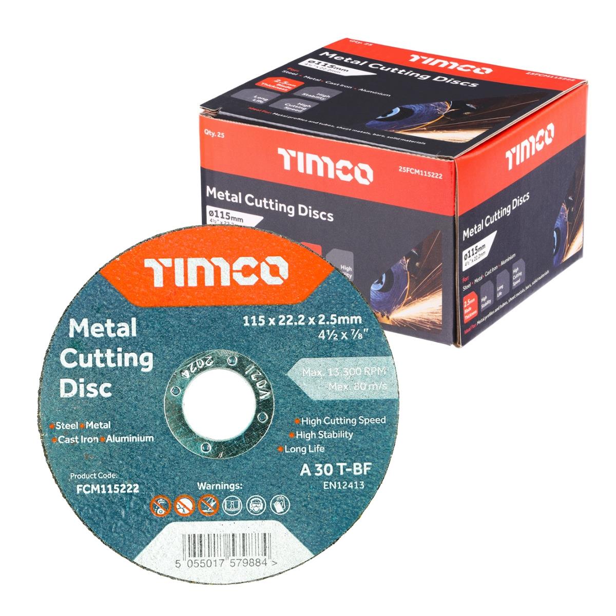 Timco 115mm x 2.5mm Bonded Abrasive Metal Cutting Disc Pack of 25 - 25FCM115222