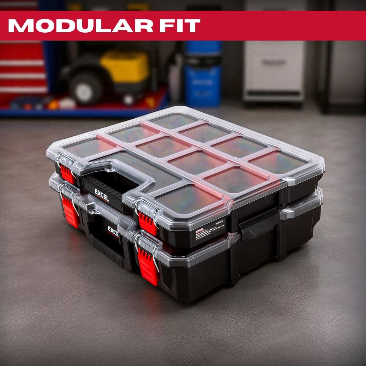 Excel 2-in-1 Tool Organiser Case, Portable Storage with Custom Dividers & Clear Lid