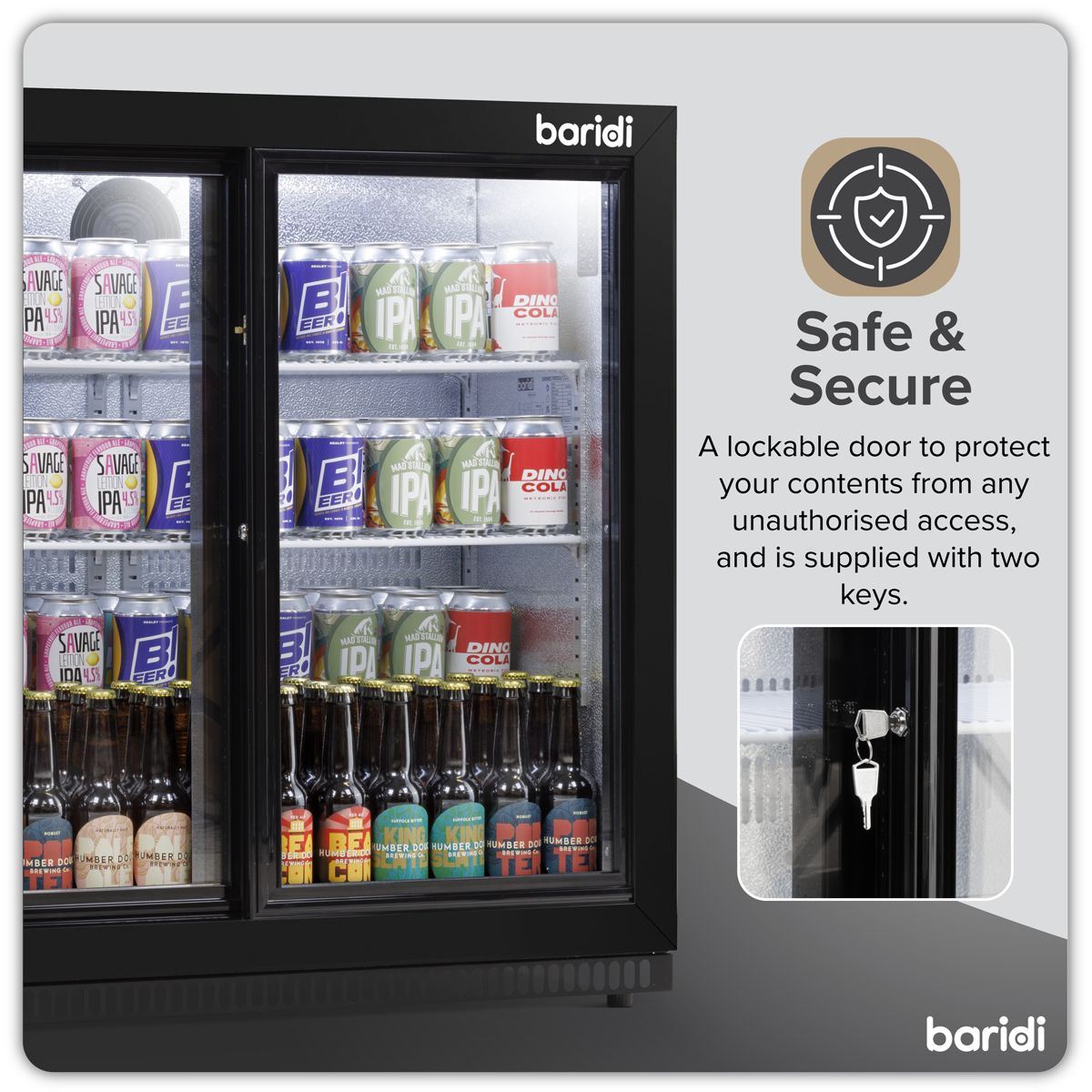 Sealey DH273 Baridi Double Sliding Door Back Bar Drinks Fridge/Cooler, 190L Capacity, 262 Cans