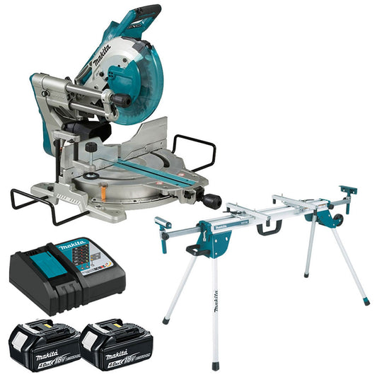 Makita DLS110Z 18V/36V Brushless Mitre Saw with 2 x 4.0Ah Batteries Charger & Stand