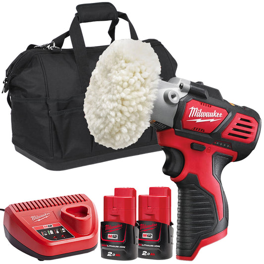 Milwaukee M12 BPS-0 12V Compact Polisher Sander with 2 x 2.0Ah Batteries & Charger in Bag