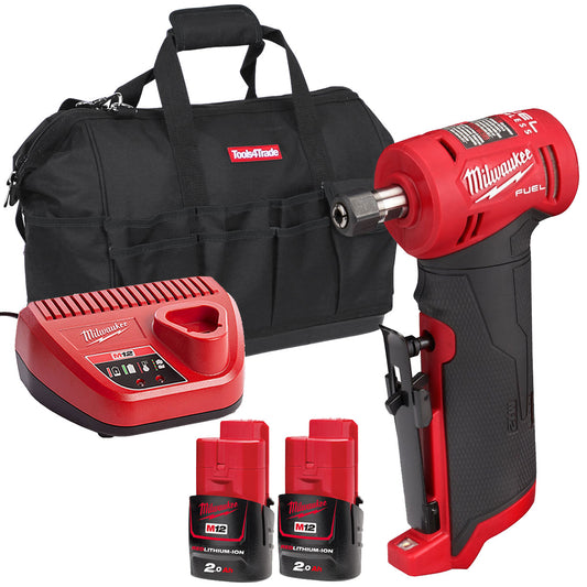 Milwaukee M12FDGA-0 12V Fuel Brushless Angled Die Grinder with 2 x 2.0Ah Batteries & Charger in Bag