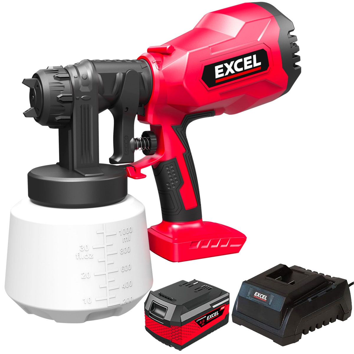 Excel 18V Cordless 1000ml Spray Gun with 1 x 4.0Ah Battery & Charger