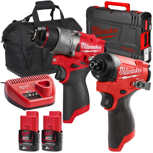Milwaukee 12V Twin Pack Brushless Impact Driver + Combi Drill with 2 x 2.0Ah Battery & Charger