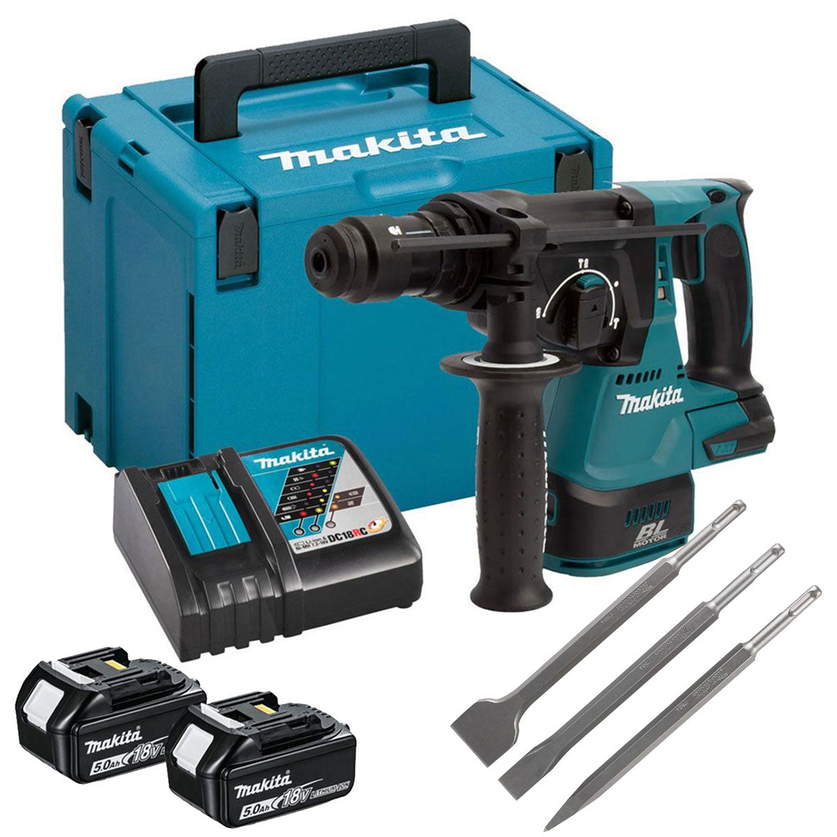 Makita DHR243RTJ 18V Brushless SDS+ Rotary Hammer Drill With 2 x 5.0Ah Battery, Charger & 3 Piece Chisel