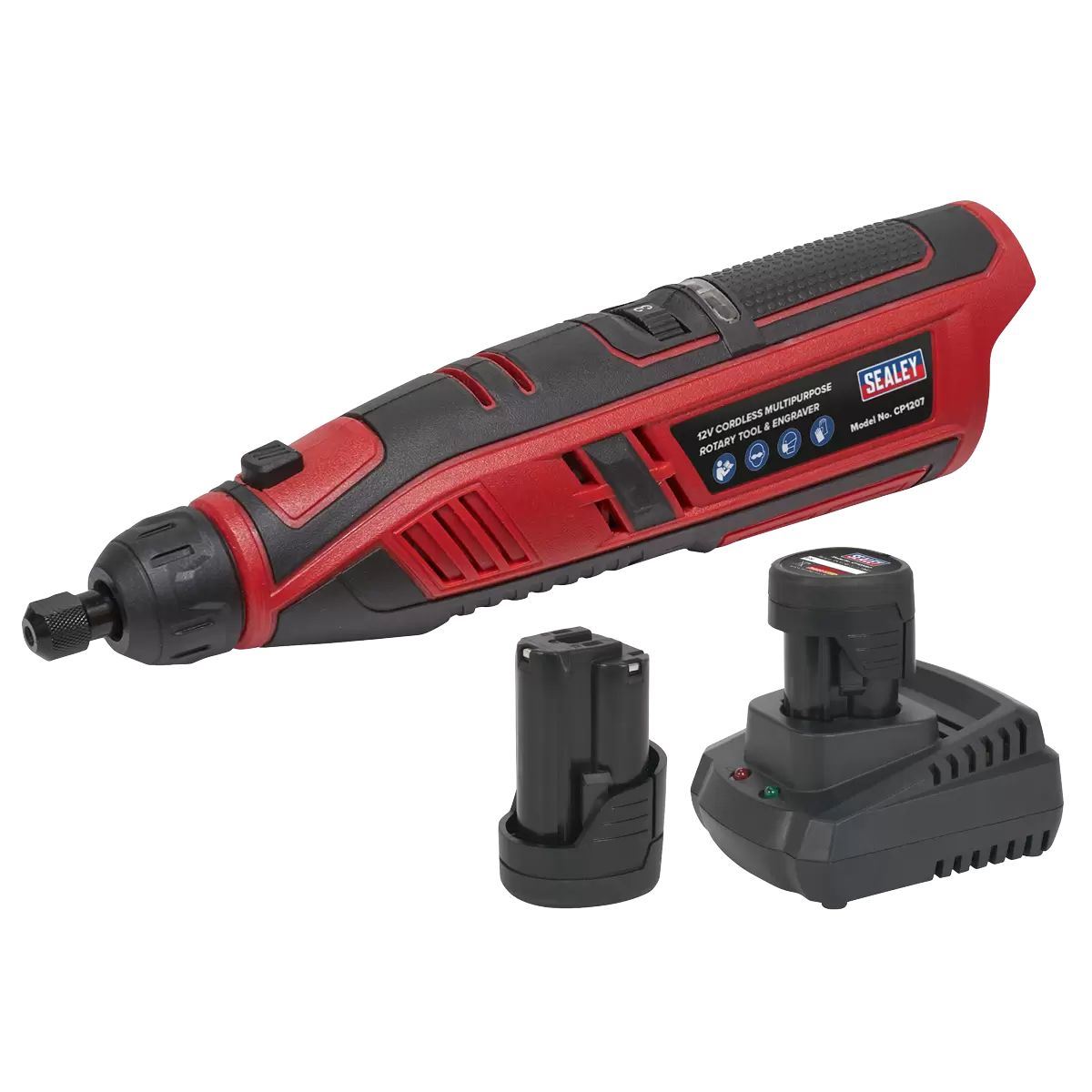 Sealey CP1207KIT 12V Cordless Multipurpose Rotary Tool & Engraver Kit 49pc With 2 x Batteries & Charger