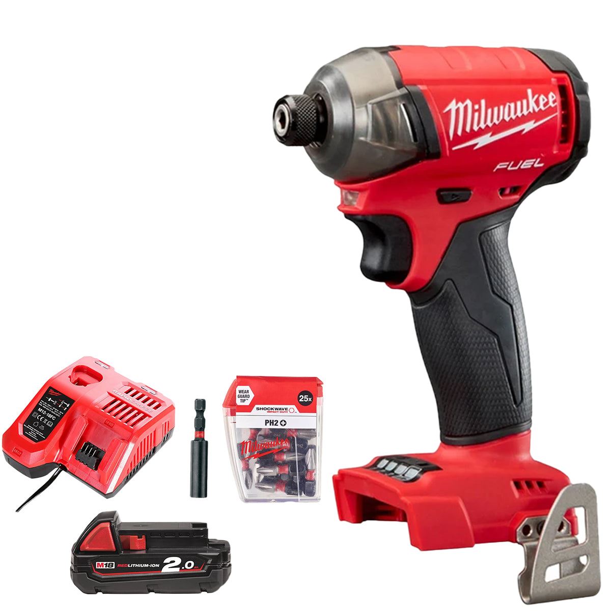 Milwaukee M18FQID-0 18V Fuel Surge Impact Driver Kit with 2.0Ah Battery Charger Magnetic Bit Holder & 25pc PH2 Bit Set