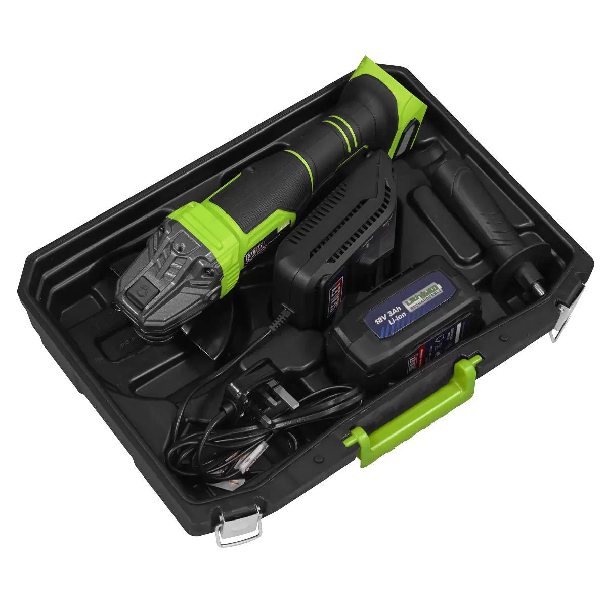 Sealey CP401LIHV 18V Angle Grinder 115mm 1 x 3Ah lithium-ion battery & 2.4A mains charger in a storage case