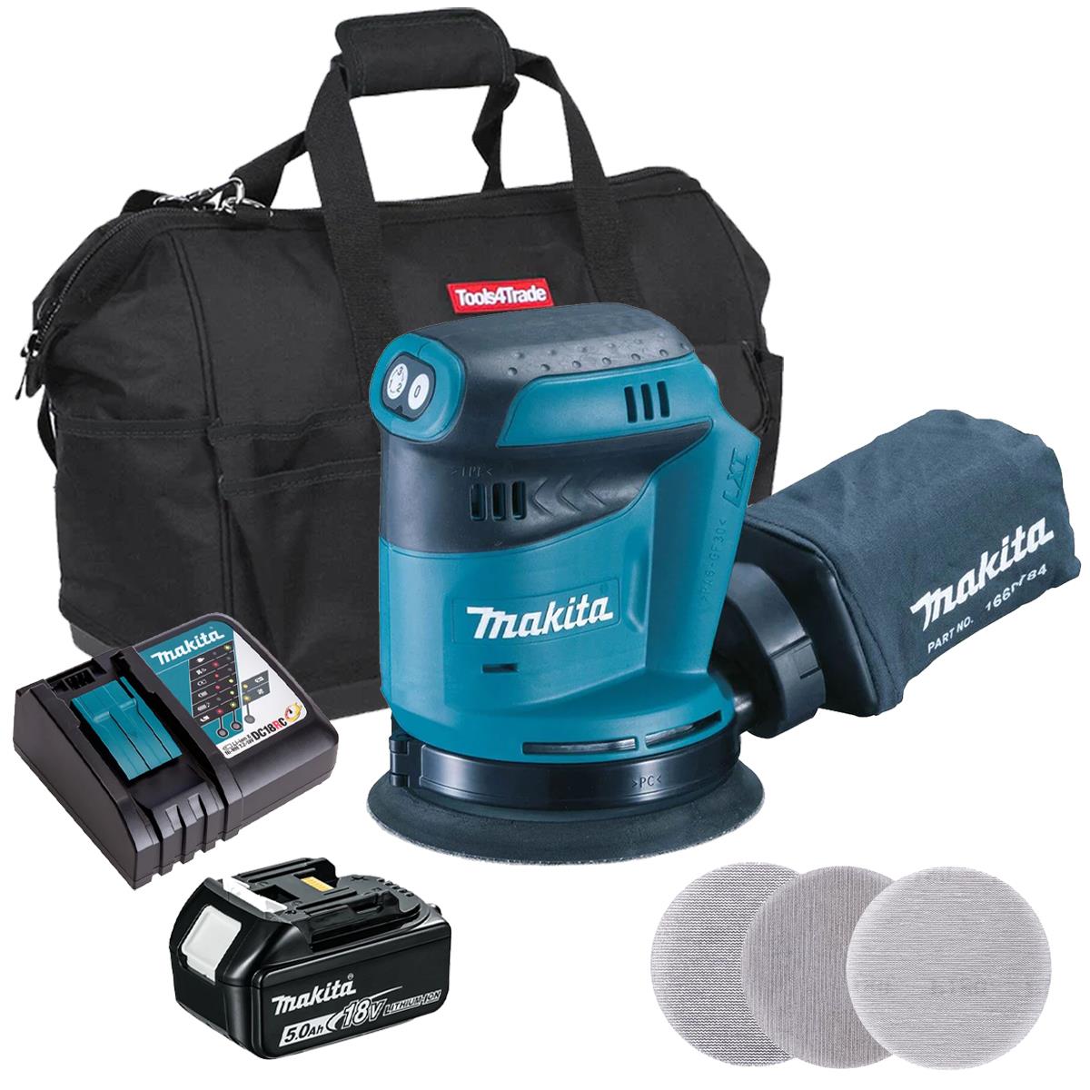 Makita DBO180Z 18V Random Orbit Sander With 1 x 5.0Ah Battery Charger & Sanding Disc Pack of 30