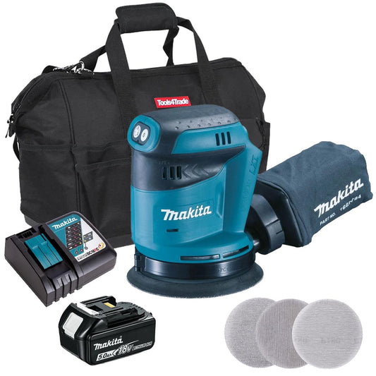 Makita DBO180Z 18V Random Orbit Sander With 1 x 5.0Ah Battery Charger & Sanding Disc Pack of 30