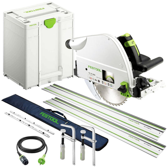 Festool TS 75 EBQ-Plus 230V GB Circular Plunge Cut Saw - 576114 With 2 x Guide Rail, Connector, Clamp & Bag