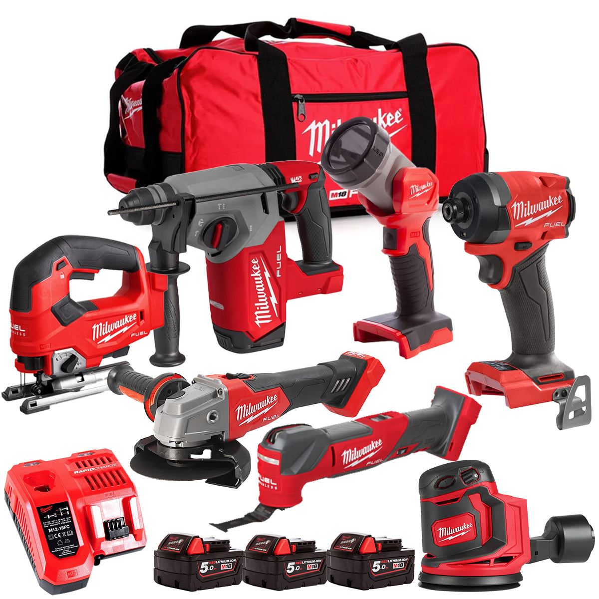 Milwaukee M18FPP6L3-503BK7 18V Brushless 7 Piece Tool Kit with 3 x 5.0Ah Batteries Charger & Wheeled Bag