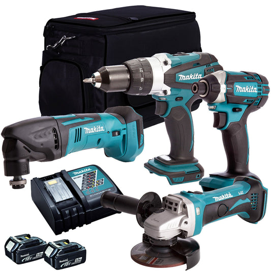 Makita 4 Piece 18V Li-ion with 2 x 5.0Ah Batteries & Charger T4TKIT-149
