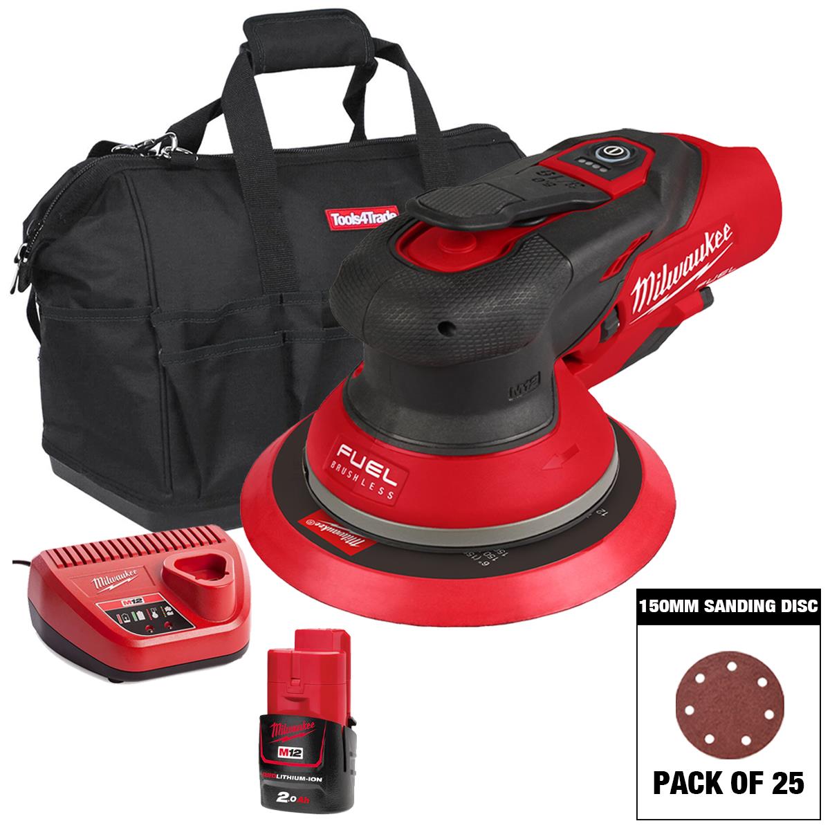 Milwaukee M12FROS5-0 12V FUEL Brushless 150mm Random Orbit Sander with Sanding Disc Mix Grit Pack of 25 & 1 x 2.0Ah Battery, Charger & Bag