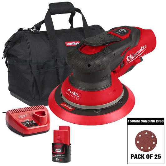Milwaukee M12FROS5-0 12V FUEL Brushless 150mm Random Orbit Sander with Sanding Disc Mix Grit Pack of 25 & 1 x 2.0Ah Battery, Charger & Bag