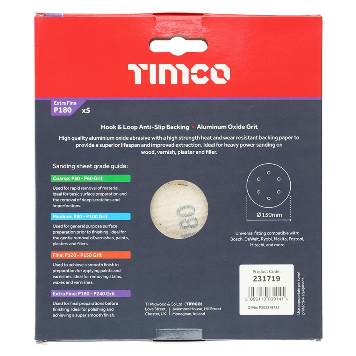 Timco 150mm Hook & Loop Random Orbital Sanding Discs 180 Grit Pack of 5 - 231719