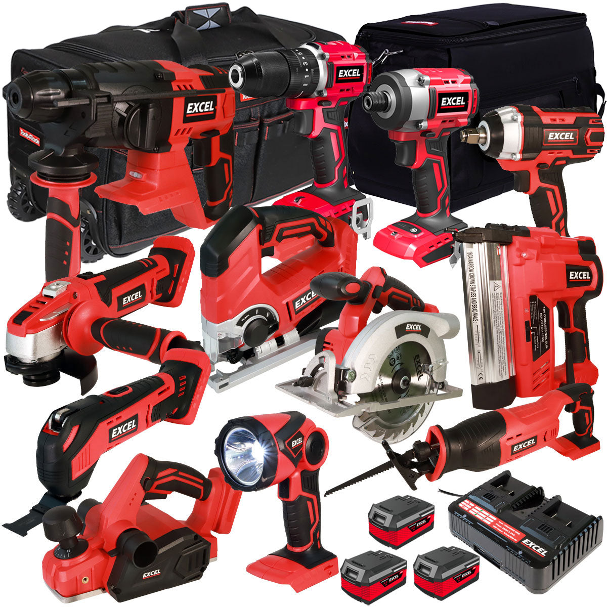 Excel 18V Cordless 12 Piece Tool Kit with 3 x 4.0Ah Batteries & Charger in Bag EXL5062