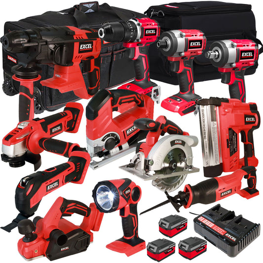 Excel 18V Cordless 12 Piece Tool Kit with 3 x 4.0Ah Batteries & Charger in Bag EXL5062