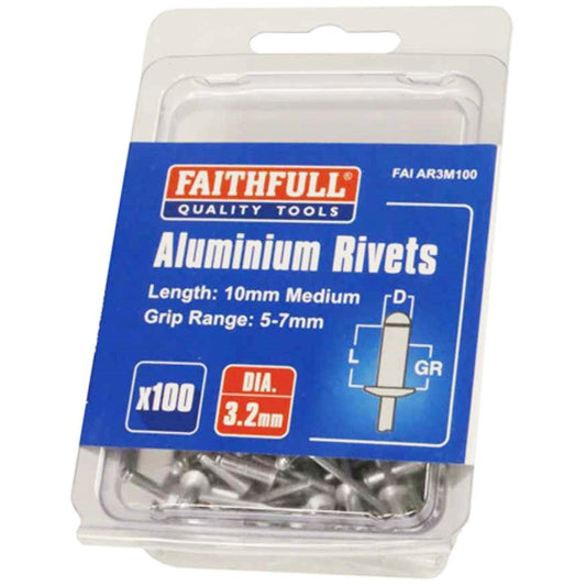 Faithfull Aluminium Rivets 3.2mm x 10mm Medium Pack of 100 FAIAR3M100
