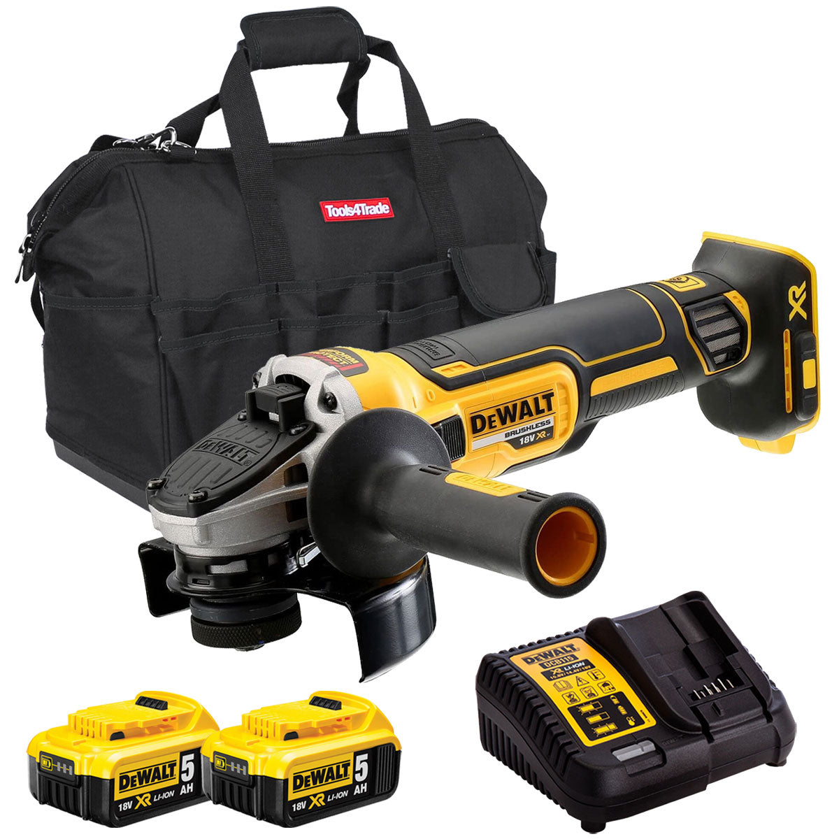 DeWalt DCG405N 18V Brushless 125mm Angle Grinder with 2 x 5.0Ah Batteries & Charger in Bag