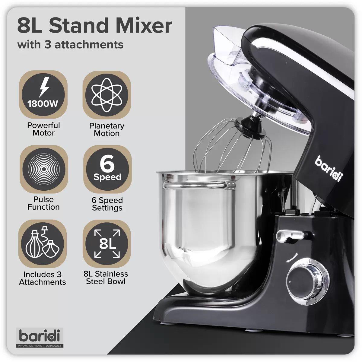 Sealey DH174 Baridi Stand Mixer with Accessories 8L Black 230V/1800W