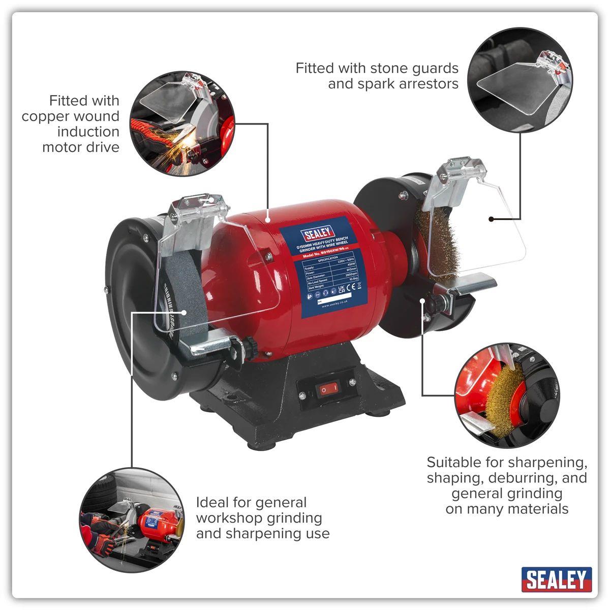 Sealey BG150XW/99 Ø150mm Heavy-Duty Bench Grinder with Wire Wheel 230V/450W