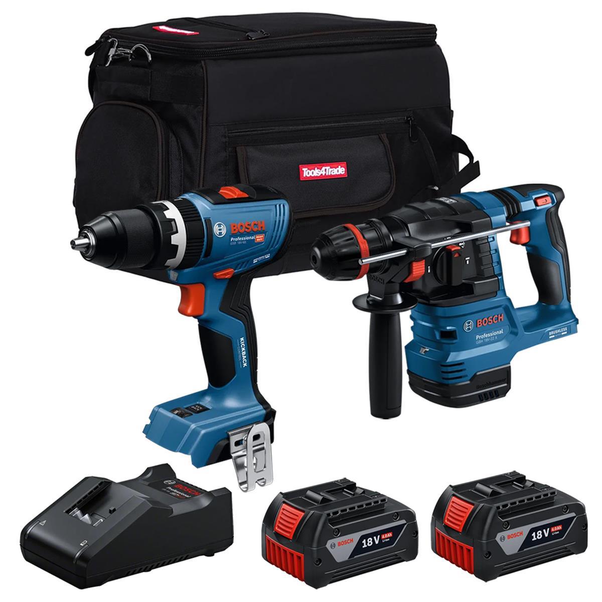 Bosch 18V Brushless Hammer Drill & Combi Drill with 2 x 4.0Ah Battery Charger & Bag T4TKIT-28118