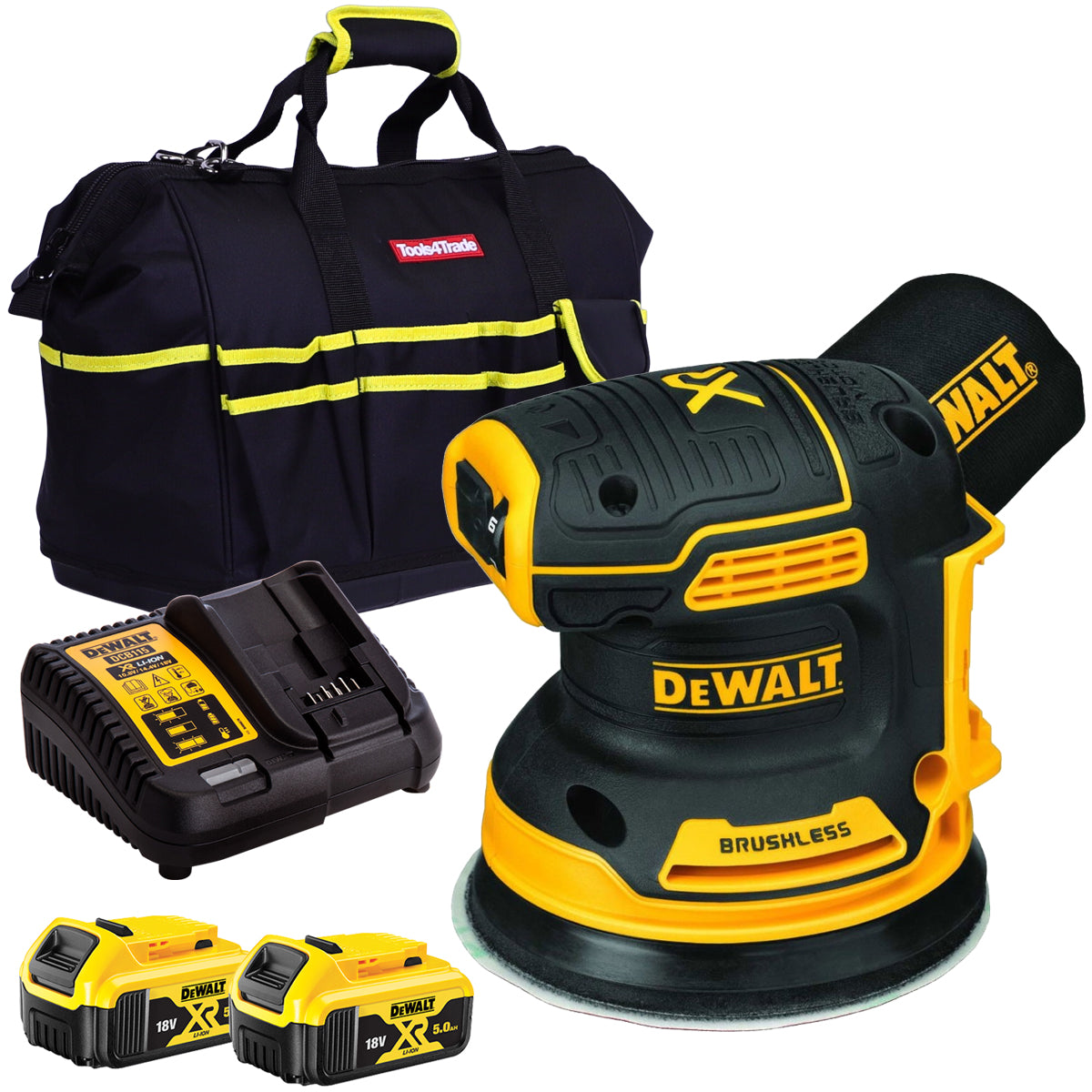 DeWalt DCW210N 18V Brushless 125mm Random Orbital Sander with 2 x 5.0Ah Battery & Charger in Bag