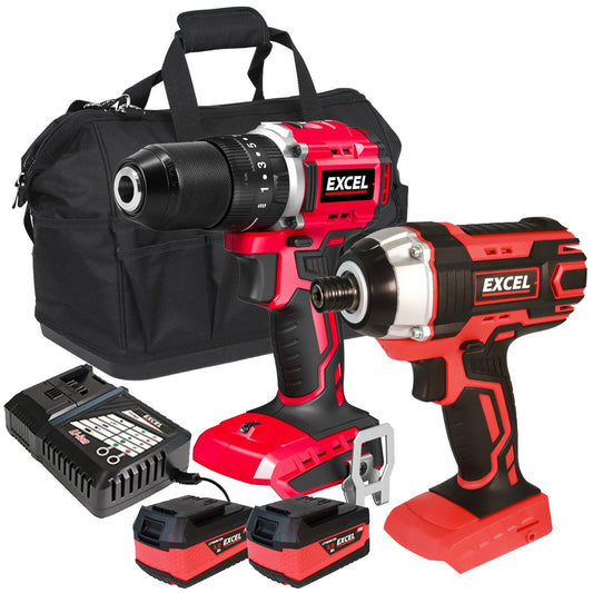 Excel 18V Impact Driver + Combi Drill Twin Pack with 2 x 5.0Ah Battery & Charger in Bag