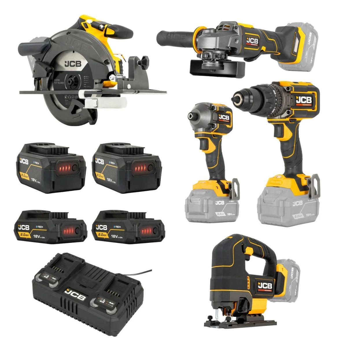 JCB-18PKIT-8 Pro 18V Combi Drill, Impact Driver, Circular Saw, Angle Grinder & Jigsaw With 2 x 2Ah & 2 x 5Ah Batteries & Dual 4.5A Fast Charger In Soft Tool Bag