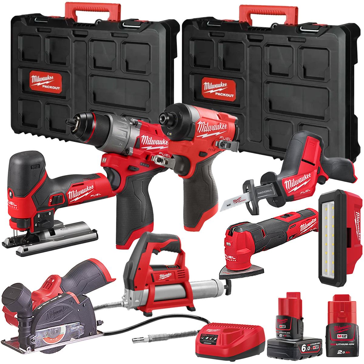 Milwaukee M12FPP7B2-651P 12V Fuel 8 Piece Powerpack Tool Kit with 1 x 6.0Ah & 2.0Ah Batteries, Charger & Case