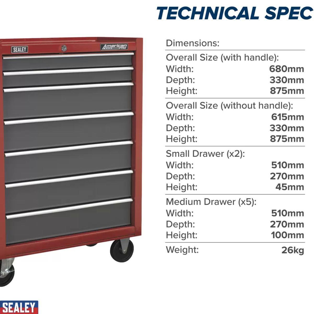 Sealey AP22507BB Rollcab 7 Drawer with Ball-Bearing Slides Red/Grey