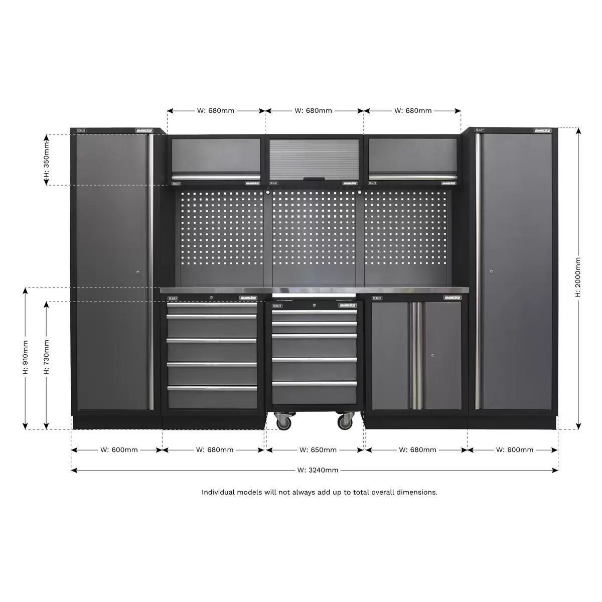 Sealey APMSSTACK03SS Modular Storage 3.2m System Combo Stainless Steel Worktop