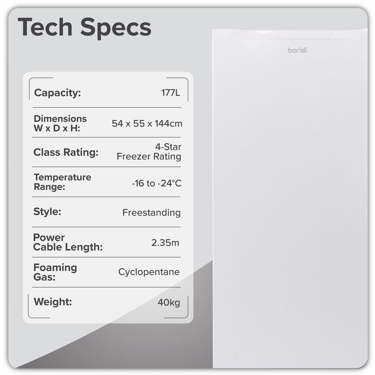 Sealey DH324 Baridi Freestanding Tall Freezer 177L Capacity White 230V