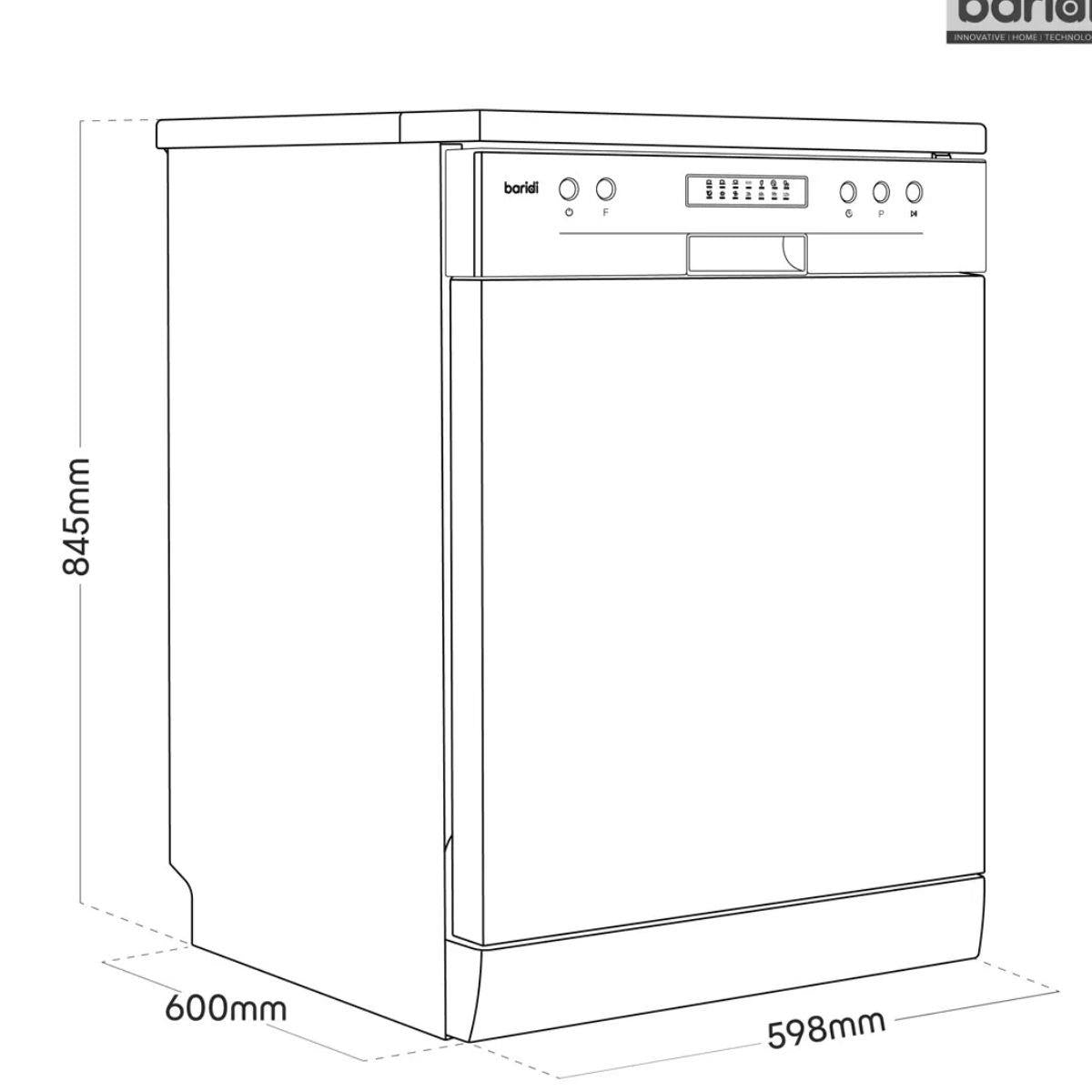 Sealey DH280 Baridi Regular Sized Freestanding Dishwasher 60cm Wide 13 Place Settings Silver 230V