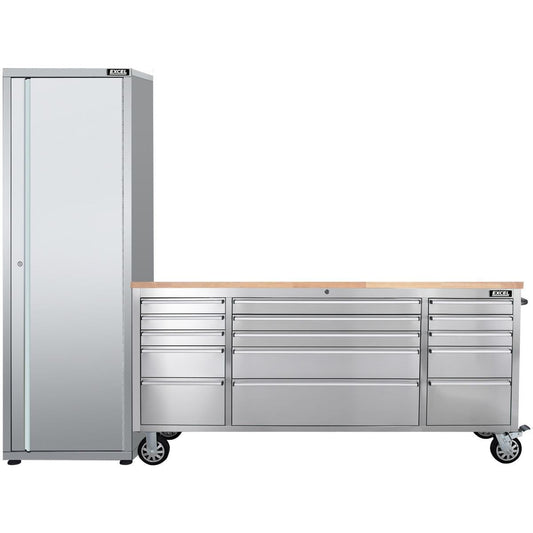 Excel 72inch 15 Drawer Stainless Steel Workbench Roller Tool Chest Cabinet & Tall Cabinet