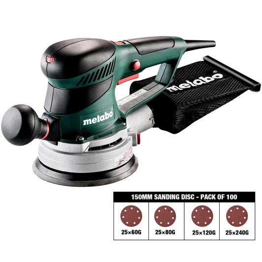 Metabo SXE 450 TurboTec 150mm Random Orbital Sander 240V 600129380 with Sanding Disc 60G, 80G, 120G, 240G Pack of 100